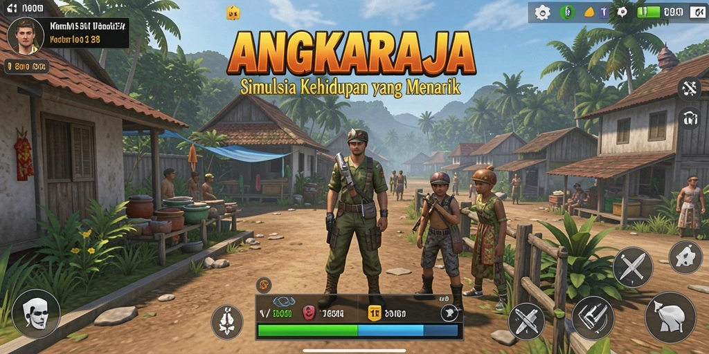 Tampilan gameplay simulation dari ANGKARAJA dengan karakter yang beragam.