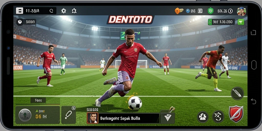 Screenshot dari DENTOTO menunjukkan aksi seru di lapangan sepak bola.