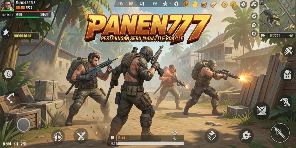 Screenshot utama PANEN77 menampilkan aksi seru di medan perang Battle Royale.