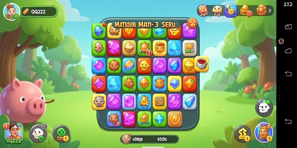 Screenshot QQ222 menunjukkan gameplay Match-3 yang menarik.