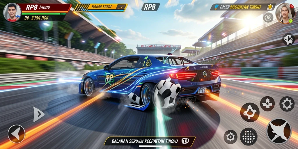 Tampilan gameplay RP8 dengan mobil balap melaju kencang di lintasan.