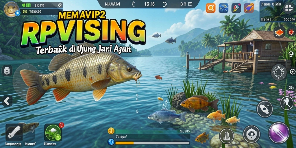 Screenshot gameplay RPVIP2 menunjukkan momen seru saat memancing ikan besar.