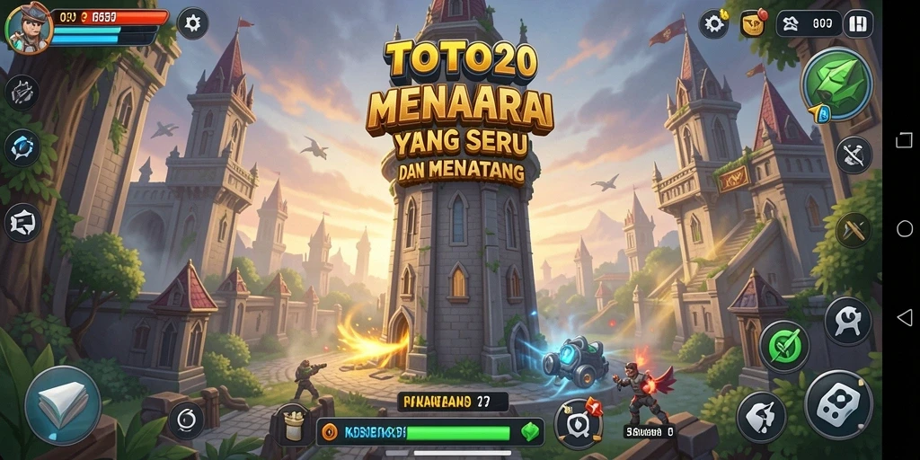 Screenshot gameplay TOTO20 menampilkan menara bertahan dan gelombang musuh.